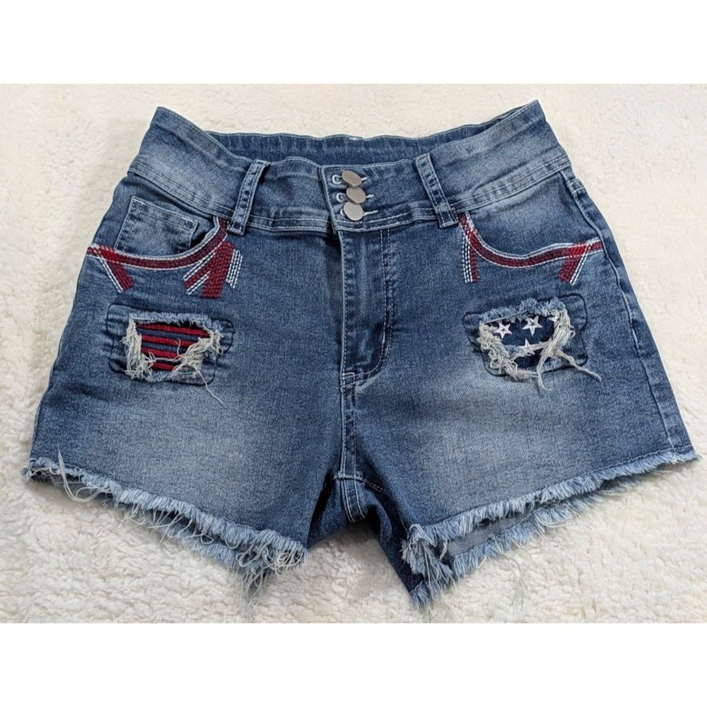 Unbranded Patriotic Distressed Denim Shorts M Frayed Americana Stars Stripes